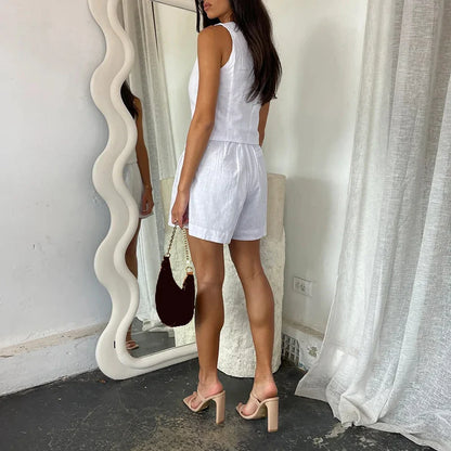 vmtvr New Spring Solid Two Piece Suit Casual Single Breasted Vest Suit Coat & Pocket A-Line Shorts Women Set Summer Sleeveless Outfits