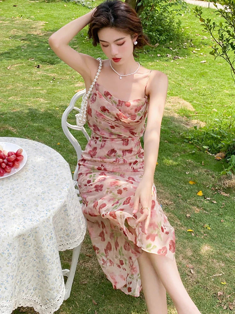 vmtvr 2024 Elegant Luxury Party Evening Dress Summer Pink Floral Pleated Sling Long Dress Women Fashion Bodycon Casual Beach Sundress