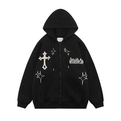 -Y2K Aesthetic Vintage Slim Sweatshirts Embroidery Graphic Pattern Zip Up Hoodies 2000s Retro Grunge Mall Goth Jacket Autumn Coat