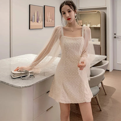 vmtvr 2024 White Casual Mesh Long Sleeve Chic Square Collar Sexy Mini Dress Women Spring Summer Korean Fashion Elegant Bodycon Dresses