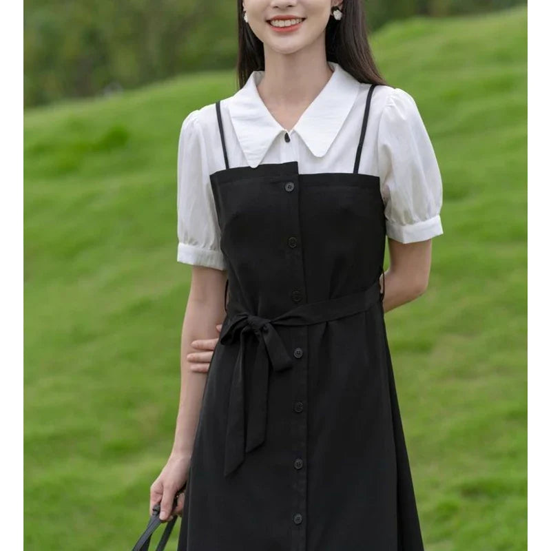 Summer Women's Graceful Patchwork Midi Dress Korean Preppy Style Student Fashion Fake Two Piece Overall Dresses Lady Clothing