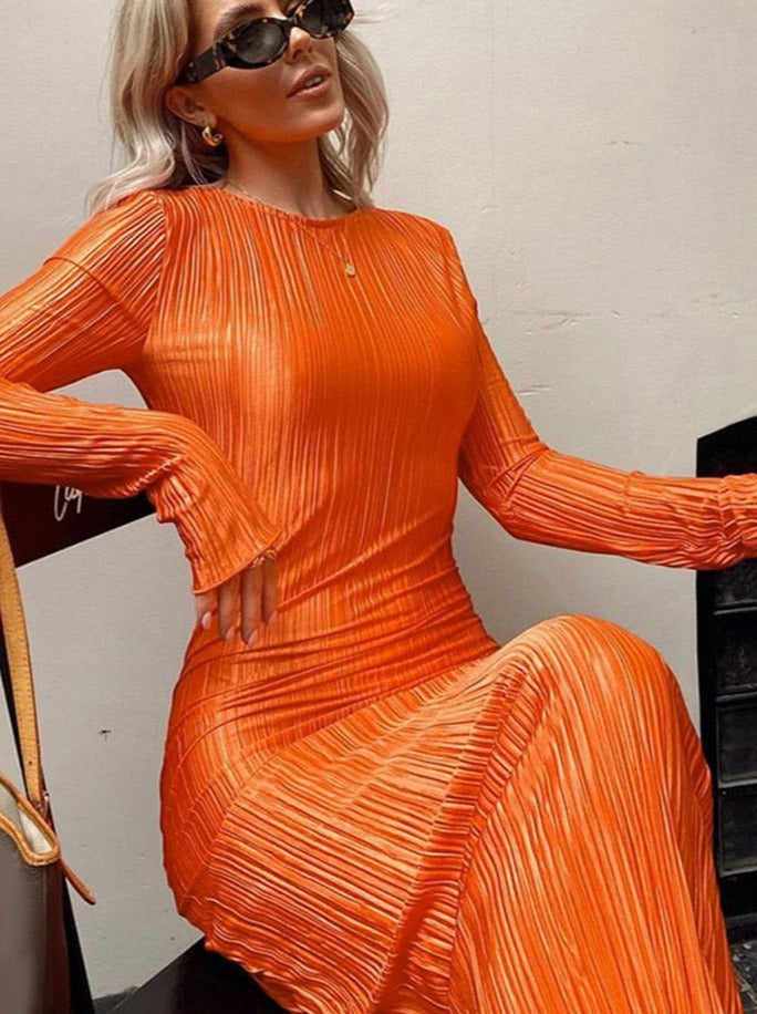 vmtvr Women Fashion Long Sleeve Streetwear Bodycon Orange Midi Dress Autumn Clothes Wholesale Items For Business