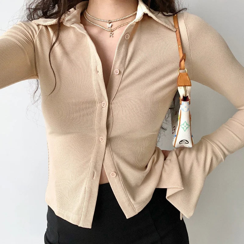 vmtvr Spring Summer Women Sexy Shirts Versatile Solid Flare Long Sleeve Slim Streetwear Fashion Korean Clothing Knitted Crop Tops