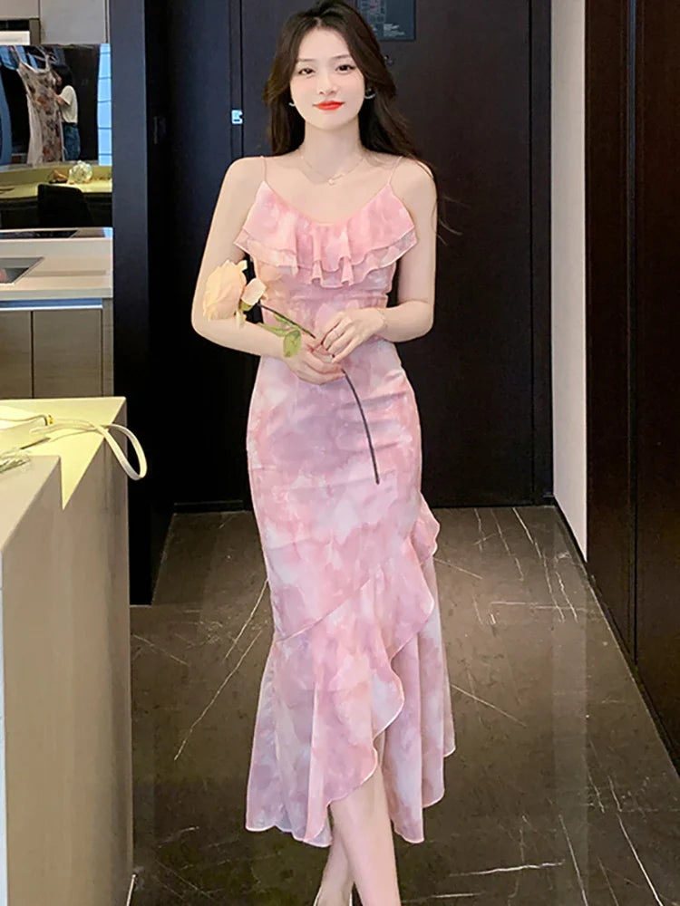 vmtvr 2024 Pink Chiffon Chic Ruffled Sling Long Dress Summer Elegant Casual Beach Sundress Women Korean Bodycon Mermaid Evening Dress