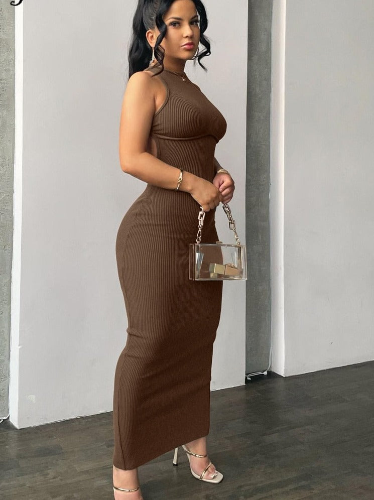 vmtvr Ribbed Solid Hollow Out Backless Sleeveless Sexy Slit Mini Dress Bodycon 2023 Summer Women Outfits Elegant Party Y2K