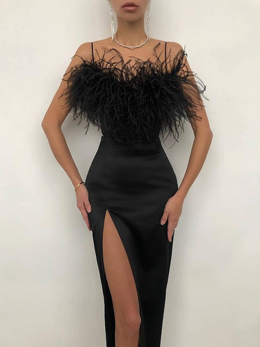 vmtvr Luxury Feathers Dress Women Sleeveless Spaghetti Strap High Waist Bodycon Slit Mid-calf Wedding Birthday Party Evening Dresses