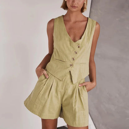 vmtvr New Spring Solid Two Piece Suit Casual Single Breasted Vest Suit Coat & Pocket A-Line Shorts Women Set Summer Sleeveless Outfits