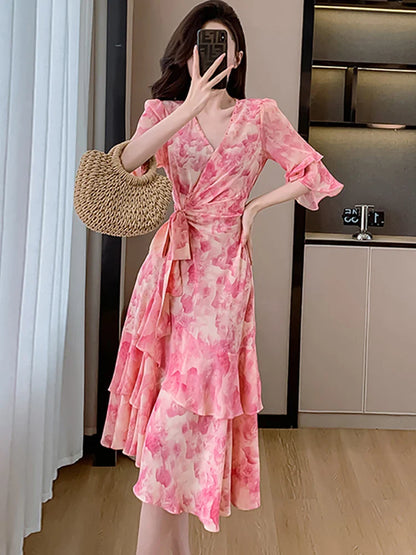 vmtvr Women Boho Print Mesh Casual Festival Long Dress Summer Elegant Chic Ruffled Bandage Dress 2024 Korean Vintage Luxury Prom Dress