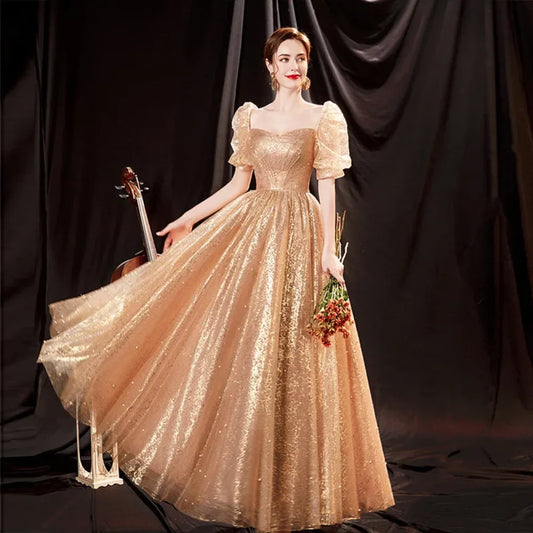 vmtvr  - Customized Handmade Women's Gold Shiny Lace Pleated Fluffy Sleeves Luxury Evening Dress Vestidos De Fiesta Formal Prom