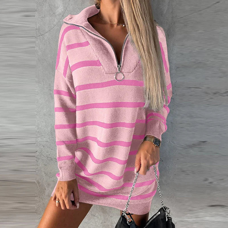 vmtvr Women Casual Zipper Lapel Sweatshirt Dress Autumn Striped Print Knitted Pullover Dress New Winter Long Sleeve Warm Sweater Dress