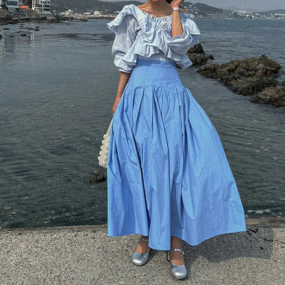 vmtvr Elegant Women Long Pleated Skirts For Female Casual Loose A-Line High Elastic Waist Maxi Skirt 2024 Spring Summer