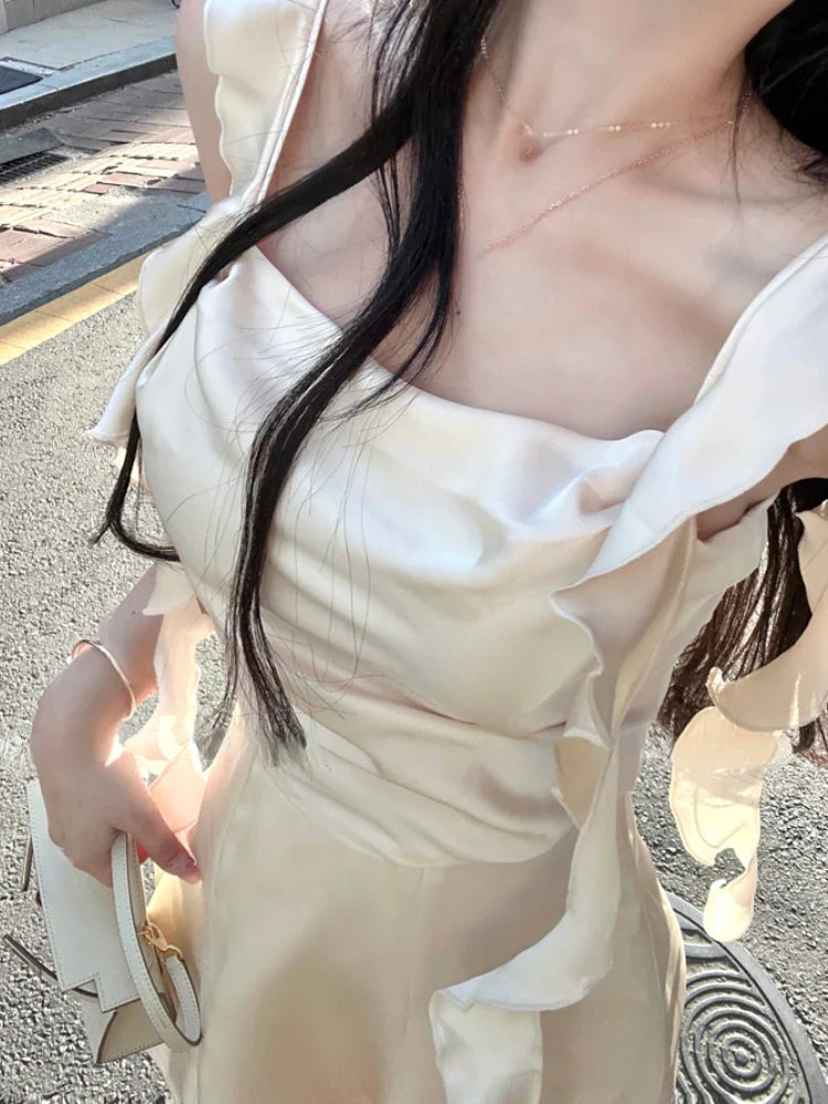 vmtvr  -  Elegant Sleeveless Satin Mini Dress Women Summer Korean Short Design Spaghetti Strap Vintage Fairy Sweet Female Clothing