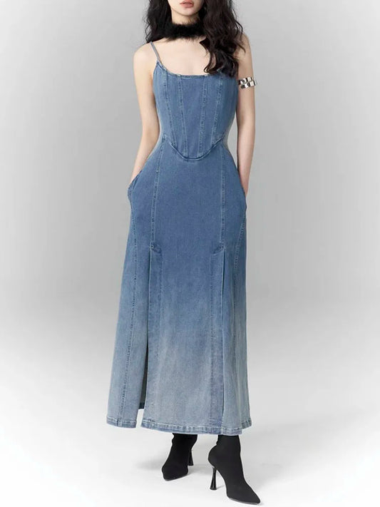 vmtvr New Summer Women Sexy Slip Denim Dress Fashion Straples High Waist Dress Lady Slim A-line Jean Dress