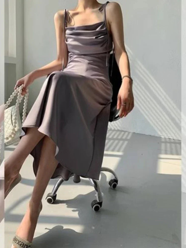 vmtvr Purple Satin Slip Midi Dress Women Vintage Korean Fashion Lace-up Spaghetti Strap Elegant Party Dresses 2024 Summer