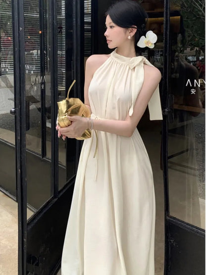 vmtvr French Elegant Halter Sleeveless Long Dresses for Women Solid Summer New Holiday Style A-line Evening Dress Prom Robe Vestido