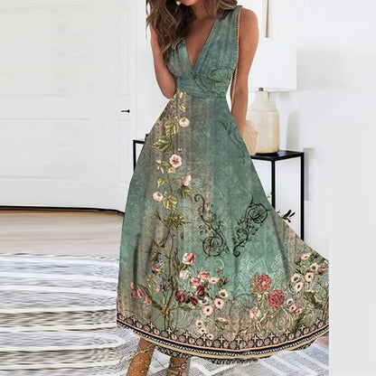 vmtvr - Elegant Pattern Print High Waist Party Dress Summer Deep V Neck Sleeveless Long Dress Female A-Line Big Hem Slim Evening Dresses