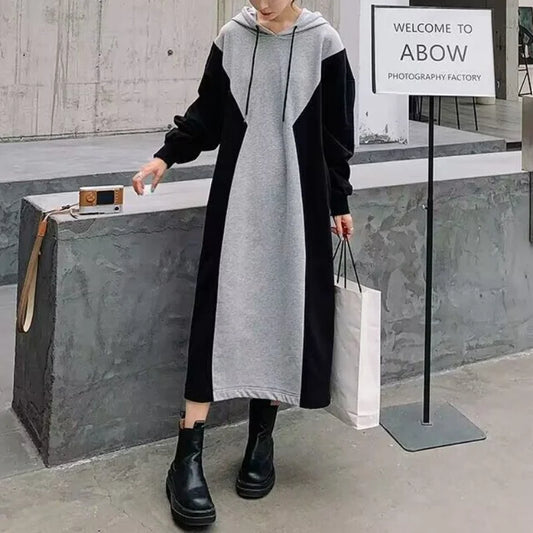 vmtvr Autumn New Loose Color Block Hoodie Dress Drawstring Patchwork Long Sleeve Pregnant Women Casual Versatile Straight Dresses