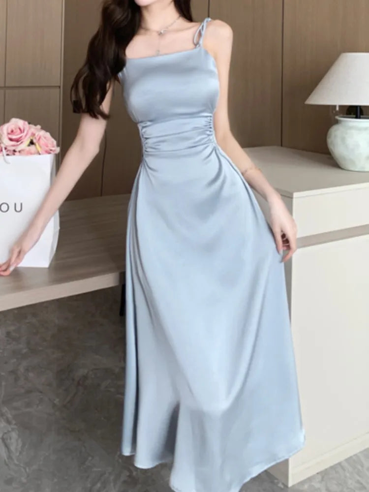 vmtvr Summer Sexy Spaghetti Strap Satin Party Dresses Women Fashion Vintage Bodycon Slim Birthday Vestidos Female Chic Solid Robe