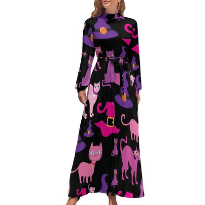 vmtvr - Cute Cats Print Dress Funny Animal Elegant Printed Maxi Dress High Waist Long-Sleeve Street Fashion Bohemia Long Dresses