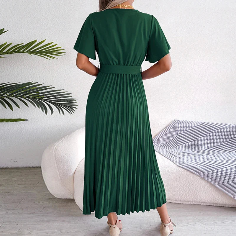 vmtvr Fashion Ladies V-neck Short Sleeved Commuting Dress Spring Summer Loose Lace Up Pleats Dress Casual Party Long Dresses Vestidos