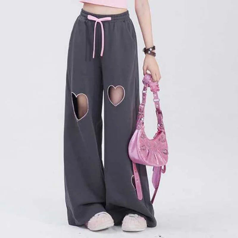 vmtvr Sweet Cute Youth Vintage Love Hollow Out Casual Pants Women's Solid Summer High Waist Drawstring Pockets Loose Straight Trousers