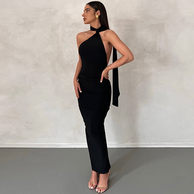 vmtvr - Elegant Backless Party Dress for Women Summer Sexy Halter Neck Bodycon Maxi Dress 2023 Evening Club Long Dress Black Vestido