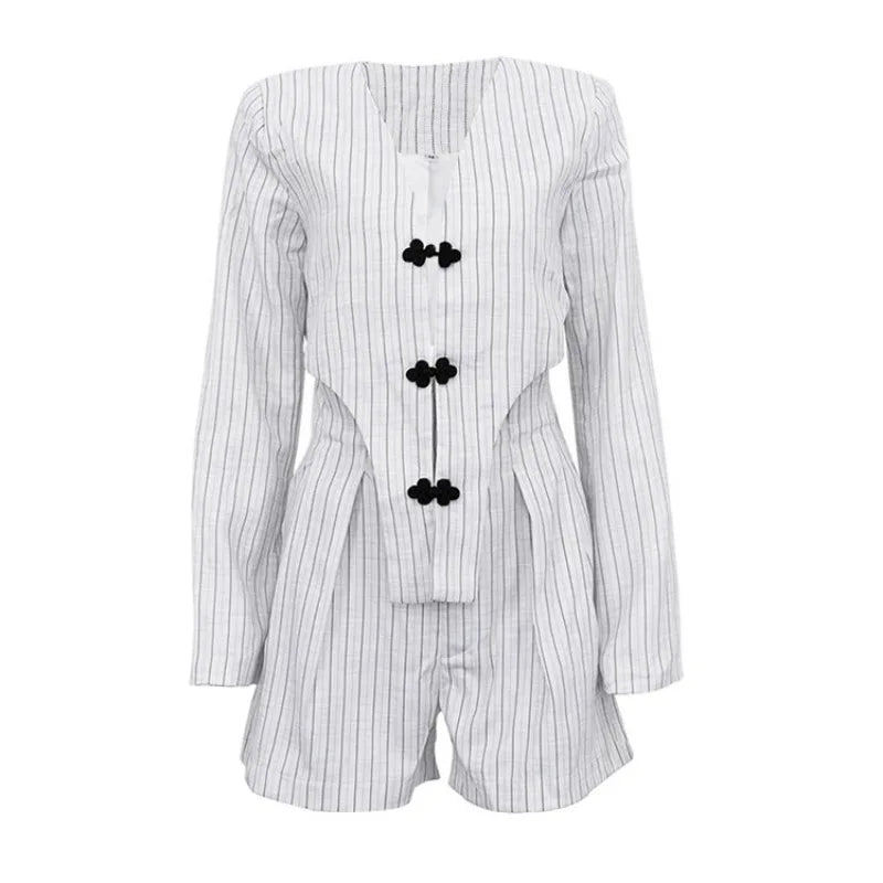 vmtvr Striped Deep V-Neck Short Set Spring And Summer Women's Sexy Long Sleeved Top High Waist Button Casual Pants Set