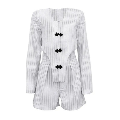 vmtvr Striped Deep V-Neck Short Set Spring And Summer Women's Sexy Long Sleeved Top High Waist Button Casual Pants Set