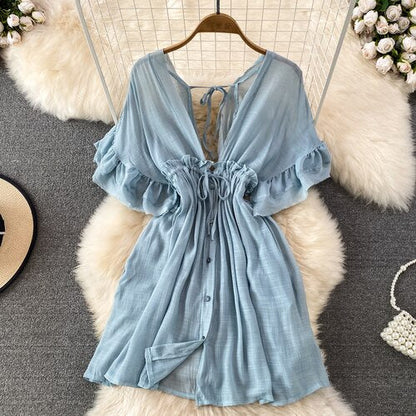 Spring Summer Boho Mini Dress for Women Deep V-Neck Ruffles Draw String Female Short Robe Sexy Draped Beach Vacation New In Chic