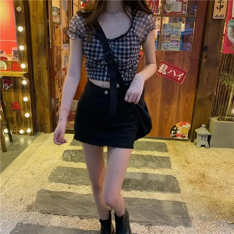 vmtvr 2024 Summer Plaid Tshirts Women Retro Sexy Shirt Casual Lace Tees Puff Sleeve 2000s Vintage Y2k Crop Tops Female Korean Fashion