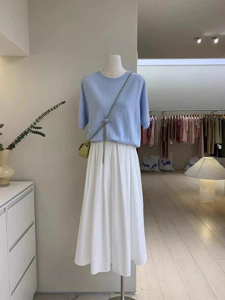 vmtvr Elegant Women White Long Pocket Skirts For Female Casual Loose A-Line High Elastic Waist Midi Skirt 2024 Spring Summer L986