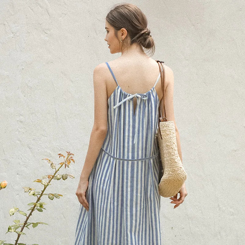 vmtvr  -  Striped Halterneck Cotton Linen Dresses Summer New Casual Beach Vacation Sleeveless Loose Women Long Dresses Maxi Boho Sundress