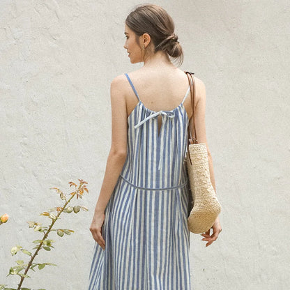 vmtvr Striped Halterneck Cotton Linen Dresses Summer New Casual Beach Vacation Sleeveless Loose Women Long Dresses Maxi Boho Sundress