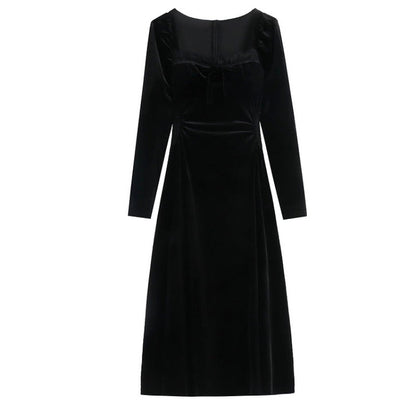 vmtvr -  New Spring and Fall Vintage Black Long Sleeve Dress Woman Elegant Fashion Velvet Midi Dress Korean Style Even Party Dresses