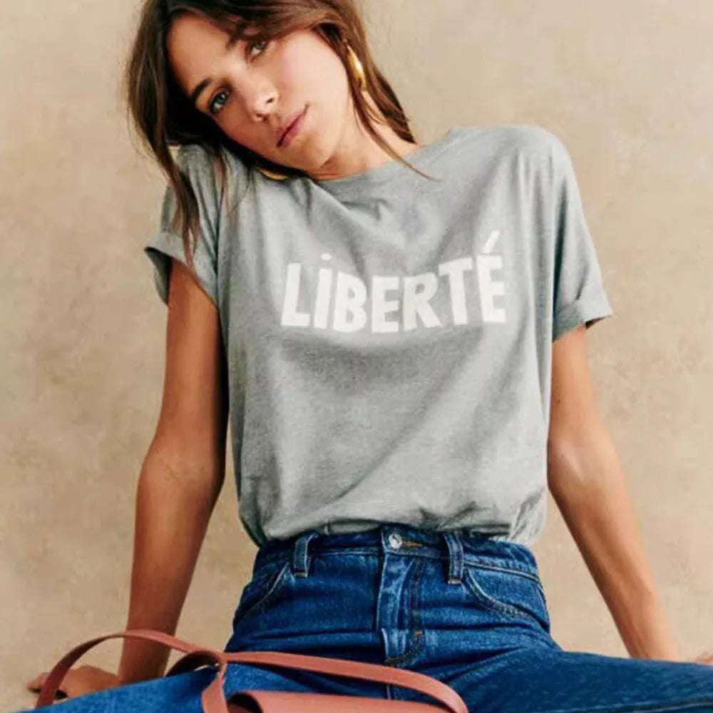 -Retro sports style outfit streetwear 90s fashion Liberte French Letters Printing Female Elegant Short Sleeve T Shirts Summer Loose Cotton Casual Tops Ins Fashion Gray Tees