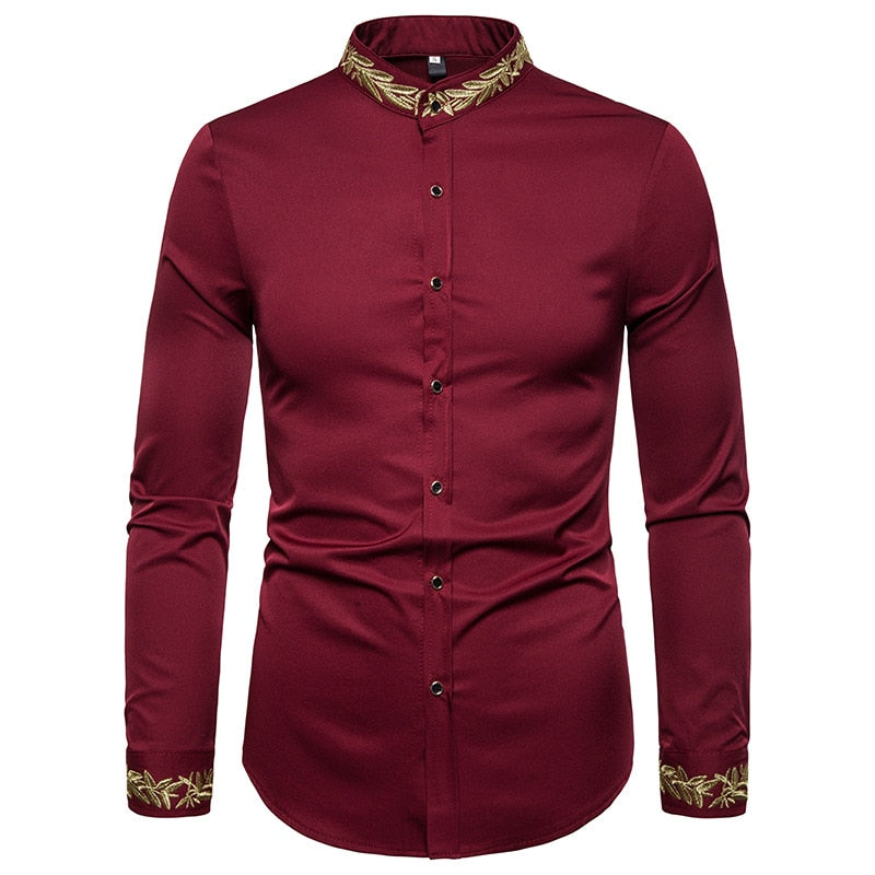 jiaabc Men Spring Autumn Shirt Social Henley Dress Shirt Fashion Long Sleeve Formal Embroidery Tops Clothing Casual camisa masculina