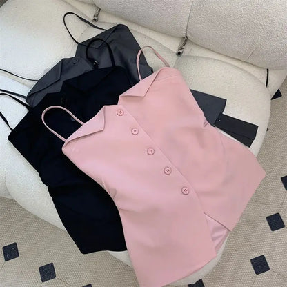 vmtvr Women Suit Tube Top Korean Fashion Streetwear Sexy Off Shoulder Vest Y2K All Match Female Buttons Cropped Camis Summer New