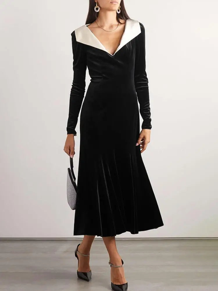 vmtvr  -  New Women French Fashion Elegant Dress V-neck Long Sleeves High Waisted Pleated Midi Dresses Velvet Evening Dress