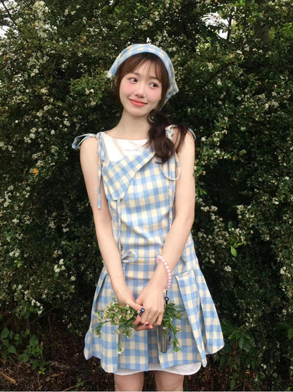 vmtvr 2000s Vintage Blue Plaid Fake Two Piece Dress Women Casual Retro Y2k Mini Dress Summer 2024 Japanese Fashion Sweet Cute Dress