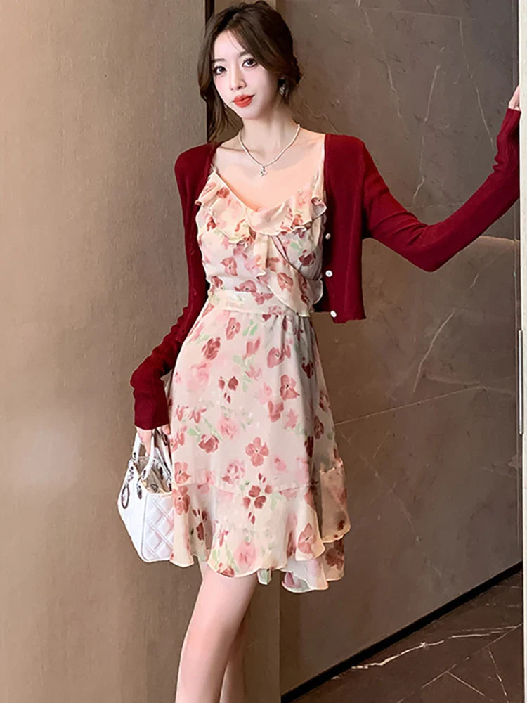 vmtvr 2024 Pink Floral Chiffon Chic Ruffled Sling Dress Women Elegant Casual Beach Dress Sets Summer Korean Fashion Casual Party Dress