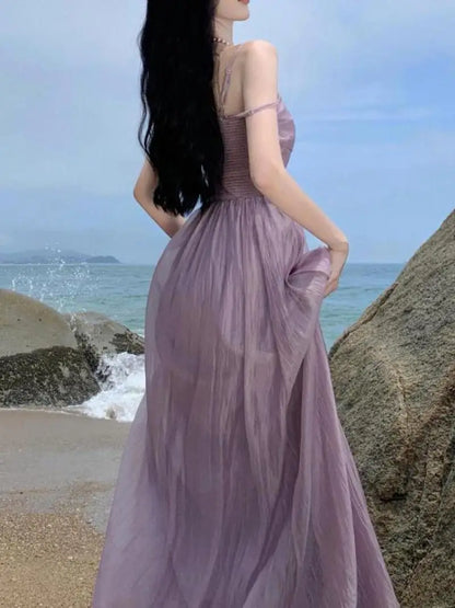 vmtvr  -  Vintage Spaghetti Strap Purple Long Dresses for Women Summer Sexy Tulle Pleats Fairy Evening Party Backless Female Clothing