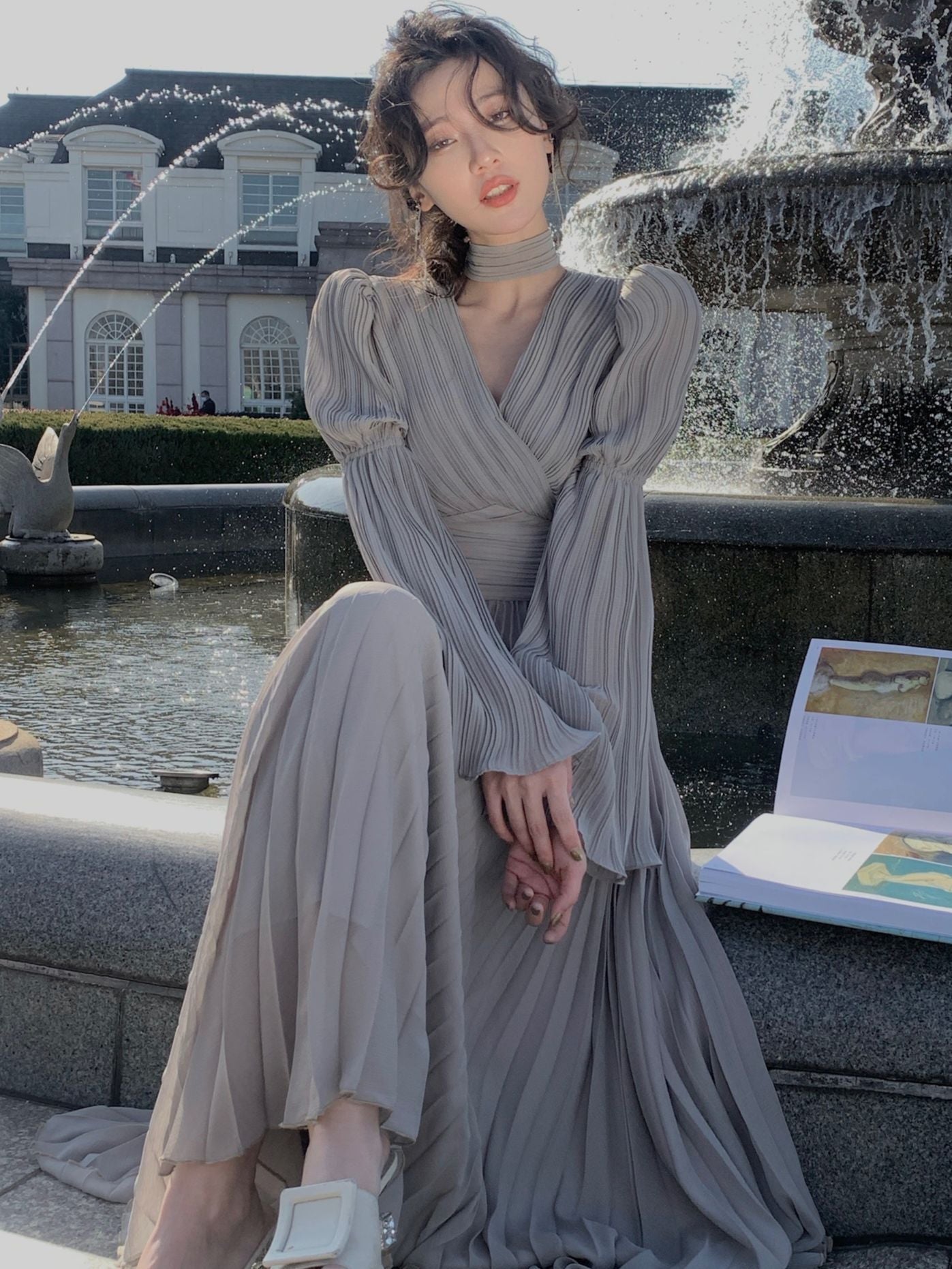 New 2023 Women's French Elegant Ruffle Irregular Long Dress Korean Fashion Fairy Pleated Party Evening One Piece Dress Spring