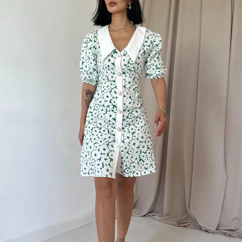 Shdowlass  -  Fashion Doll Collar Short Sleeve Party Dress Women Elegant Pattern Print Hight Waist Mini Dress 2024 Summer Casual A-Line Dress