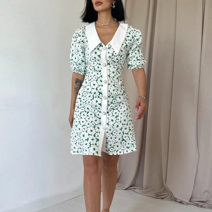 Shdowlass  -  Fashion Doll Collar Short Sleeve Party Dress Women Elegant Pattern Print Hight Waist Mini Dress 2024 Summer Casual A-Line Dress