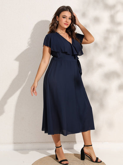 Party Dresses For Women 2023 Plus Size Summer Midi Dress V-Neck Solid Ruffle Sleeve Belted Wrap Dress