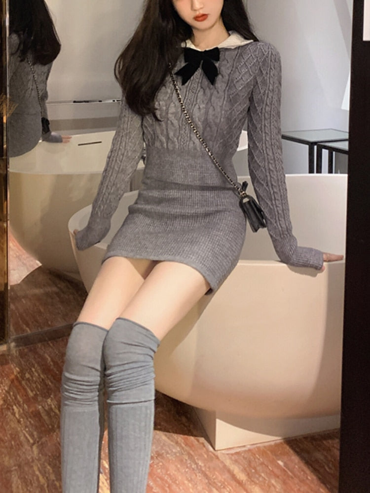 vmtvr - Autumn Kawaii Knitted Two Piece Set Women Casual Bow Sweet Mini Skirt Suit Female Korean Fashion Warm Elegant Sweater Set