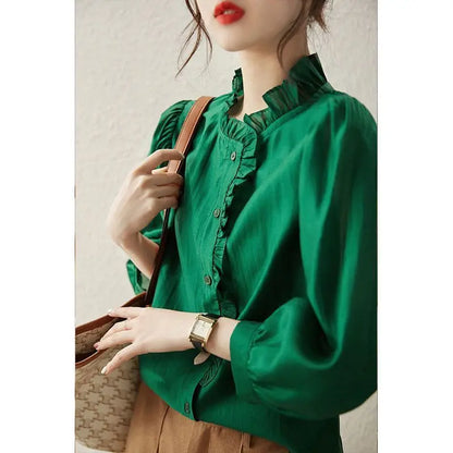 vmtvr French Style Solid Colored Shirt with Wooden Ear Edge 3/4 Sleeve Cardigan Summer New Loose Fitting and Breathable Top