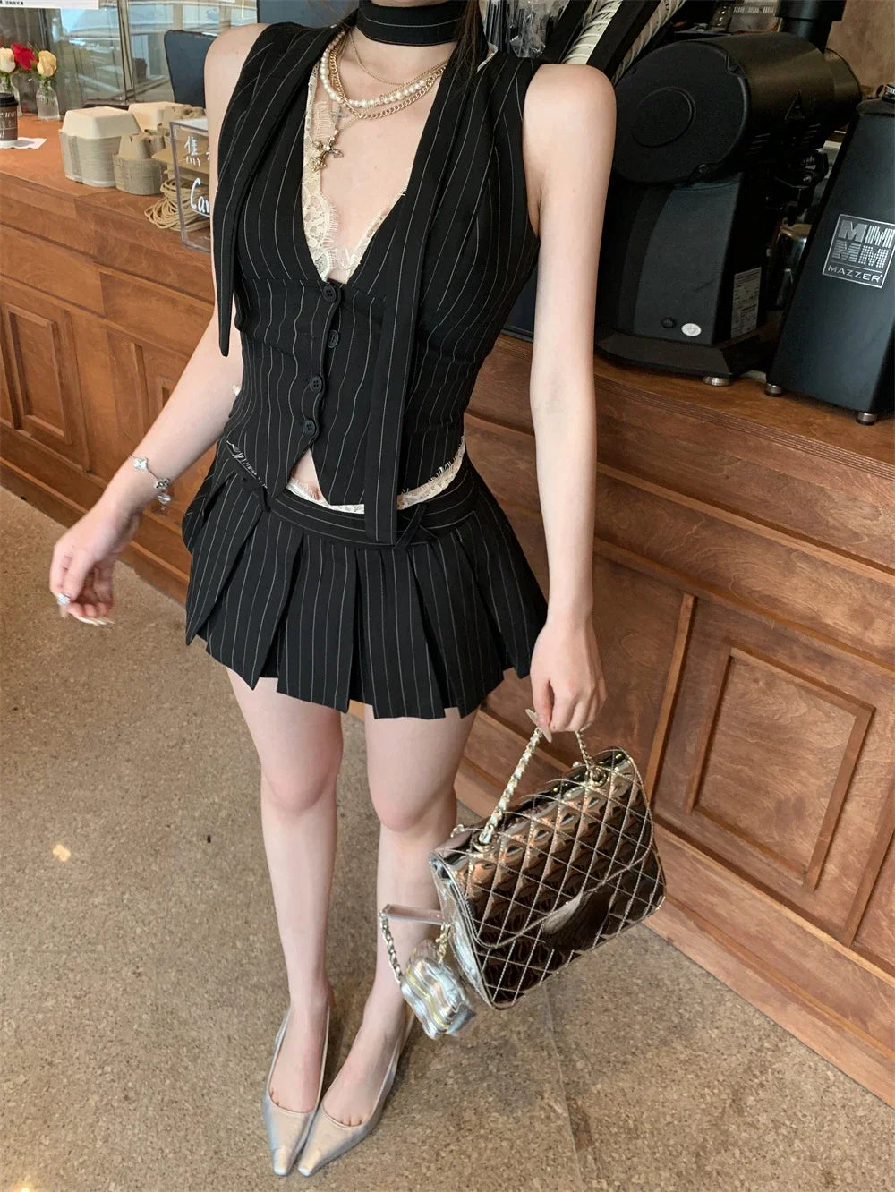 vmtvr 2024 Summer 2 Piece Skirt Set V-neck Lace Patchwork Striped Casual Camisole Women + High Waist Pleated A-line Skirt Vintage Suit