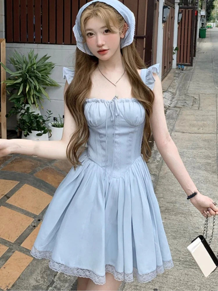 vmtvr Y2K Pleated Mini Corset Dress Women Square Collar Lace Patchwork Off Shoulder New Summer Party Dresses Kawaii A-line Vestidos