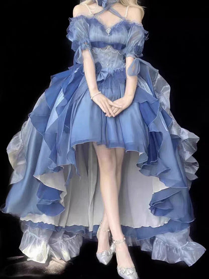 Blue Flower Wedding Dress Lolita Dress Lolita Heavy Industry Tug Tail Fluffy Front Short Back Long Escaping Princess Dress